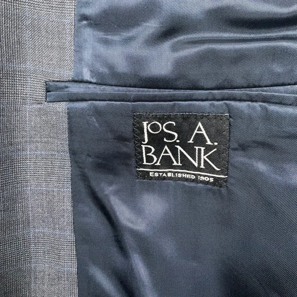 Jos A Bank Suit Mens 44L Charcoal Gray Blue Glen Plaid Tailored Traditional Wool